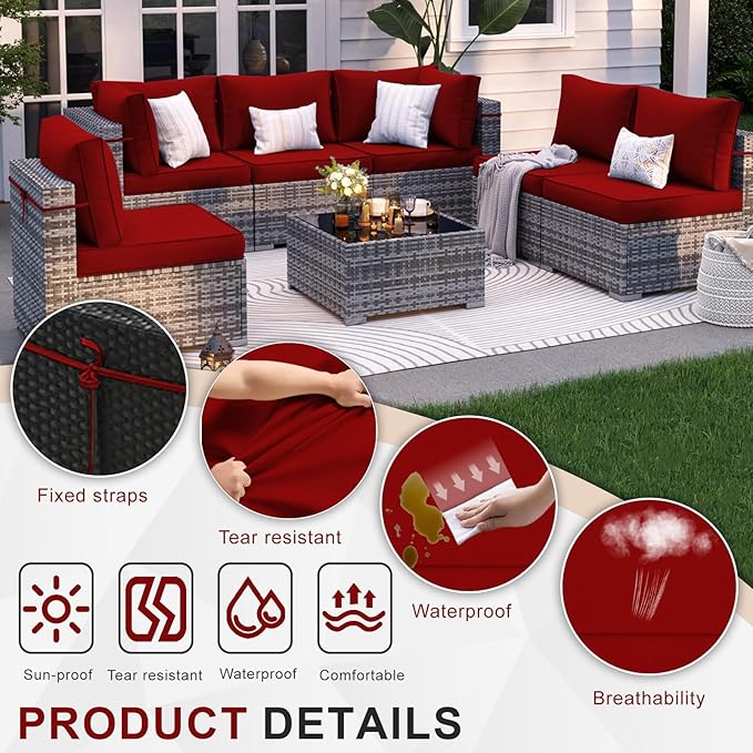 Patio Sectional Cushions, 14-Piece Replacement Cushions for Outdoor Furniture, Water-Resistant Outdoor Sofa Cushion for 6-Seat Rattan Wicker Sectional Conversation Sets (Red)