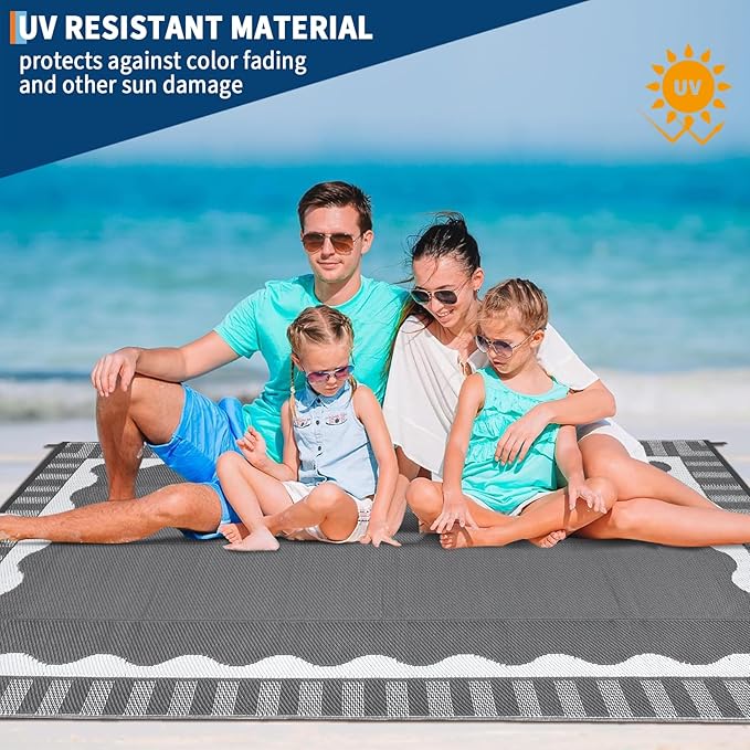 9x12 Outdoor Rug Waterproof Foldable Plastic Straw Carpet for Patio Porch Scalloped Border Reversible Mat Lightweight Floor Mat for Picnic, Backyard, Rv, Beach, Deck, Camper, Balcony，Grey