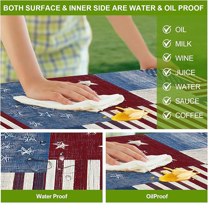 Patriotic Picnic Table Cover with Bench Covers Set of 3 - American Flag Patchwork Pattern, Elastic Fitted Tablecloth for 6 Ft Tables, Washable Polyester Cover for 4th of July, Camping & Outdoor