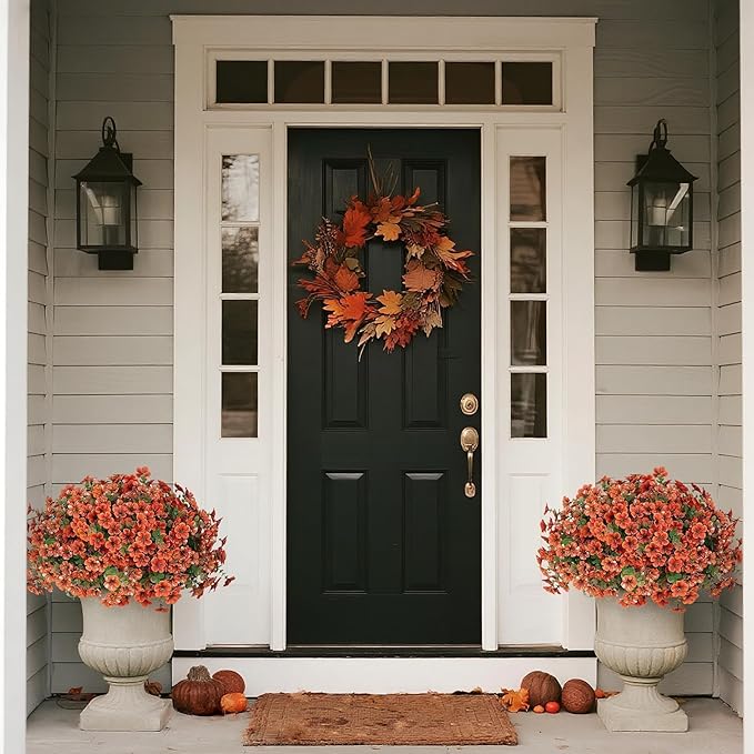 Artificial Flowers for Outdoor Fall Decoration-Faux Flower Petunia with Eucalyptus Fake Plants Boxwood for Front Door Planter Home Garden Porch Patio Thanksgiving Autumn Decor-24 Bundles (Orange)