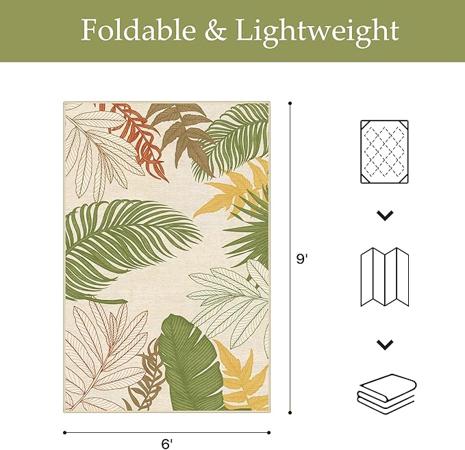 GENIMO Outdoor & Indoor Area Rug 6'x9', Waterproof, Non-Shedding, Easy Cleaning, Leaf Mat for Patio, Living Room, Balcony, Dining Room, RV, Deck, Bedroom, Camping, Outside Carpet, Olive Mustard