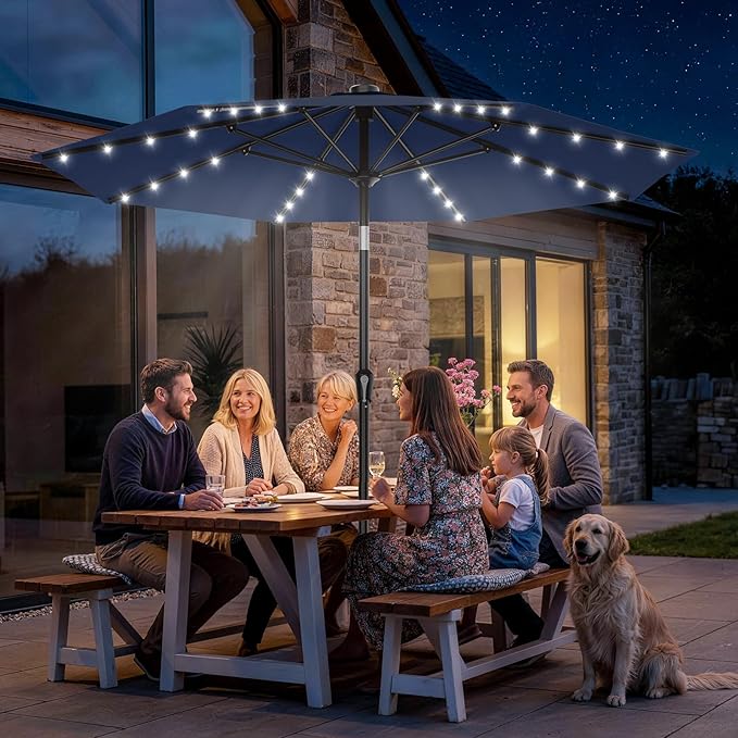 AreShark 9FT Patio Umbrella with Solar Lights, 32 LED Lighted Pool Umbrella w/Tilt and Crank, Outdoor Market Solar Umbrellas for Garden, Deck, Backyard, Pool and Beach, Navy