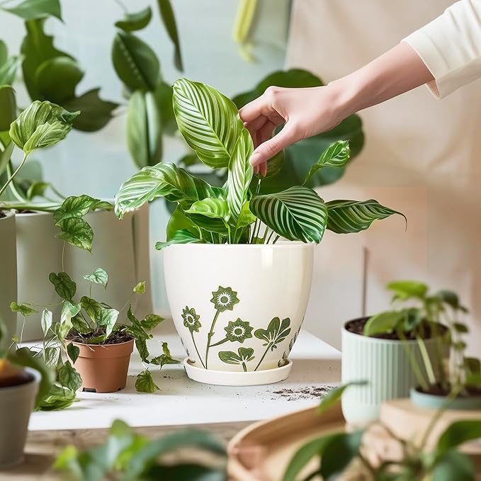 Ceramic Planters - 10+8+6 Inch Plant Pots with Drainage Holes and Saucers, Boho Decorative Round Flower Pots for Indoor Outdoor Plants, Housewarming Gifts, Office Decor, Set of 3, White