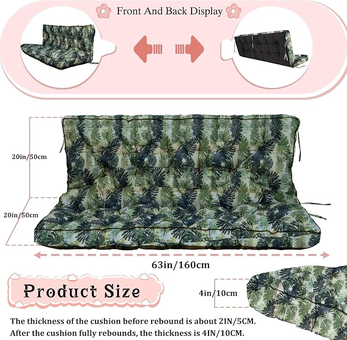 2-3 Seat Swing Replacement Cushion, Outdoor Bench Cushions with Backrest Thicken 4", Patio Furniture Garden Porch Loveseat Glider Pad Anti-Fading Waterproof (Palm Leaves, 40x63in-thicken)