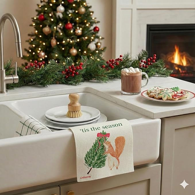 Christmas Holdiay Swedish Dishcloth, Reusable Paper Towel, Super Absorbent Cellulose Sponge, Washable Kitchen Cleaning Cloth ('Tis The Season - 1 Pack)