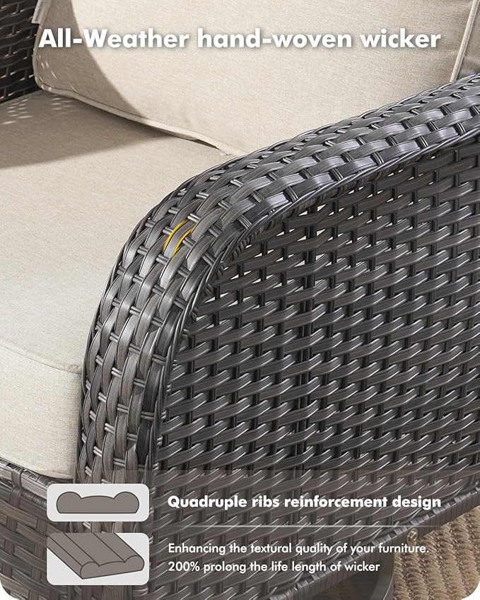 3-Piece Swivel Rocking Rattan Chair Outdoor, Patio Bistro Furniture Conversation Set, Wicker Chair with Coffee Table Beige