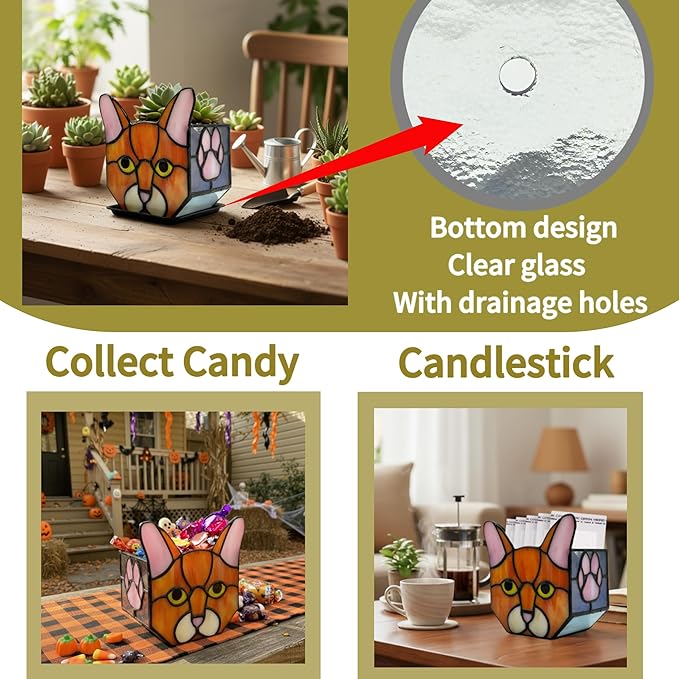 Stained Glass Cat Tea Light Holder, Orange Cat Decorative Candle Holder, Handcrafted Animal Design for Home Decor,Cute Plant Pots,Cat Lover Gift