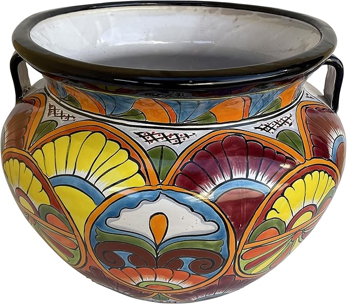 TalaMex Handmade Palmillas Large-Sized Talavera Indoors/Outdoors Mexican Colors Ceramic Garden Pot