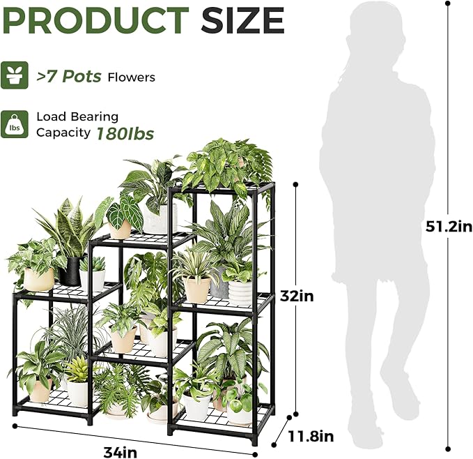 Plant Stand Indoor Outdoor 3 Tiers Ladder Plant Shelf for Multiple Plants Pots Waterproof Metal Flower Holder Modern Plant Rack for Corner,Porch ,Garden,Balcony,Black