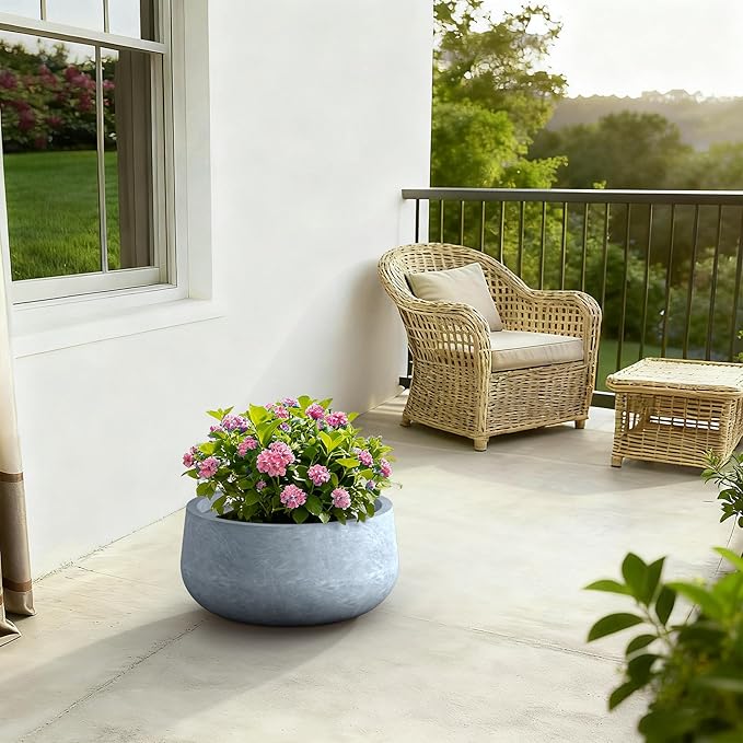 Kante 19.6" Dia Round Concrete Planter, Outdoor Indoor Garden Plant Pots with Drainage Hole and Rubber Plug, Modern Curvaceous Design, Slate Gray