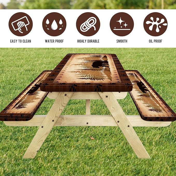 30X72 Inch Brown Bear Picnic Table Cover with Bench Cover and Drawstring Bag, Waterproof Washable Fitted Outdoor Tablecloth Rectangular Elastic Edged for Camping Outdoor Travel, 3 Pieces Set