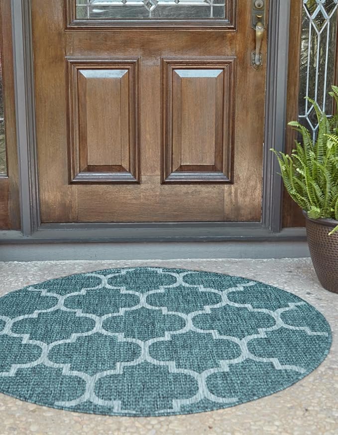 Unique Loom Outdoor Trellis Collection Area Rug (4' 1" Round, Teal/ Gray)