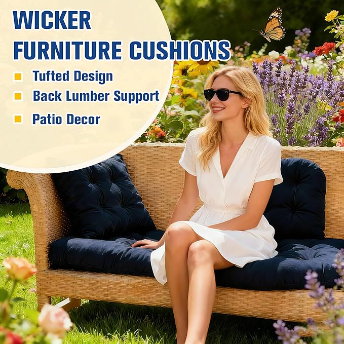 Wicker Furniture Cushions Set, Waterproof Patio Cushions for Outdoor Chairs 3 Pieces, 1 Loveseat & 2 Seat Pads Thick Outdoor Replacement Cushions for Porch Lawn Bench Couch Sofa, Navy Blue