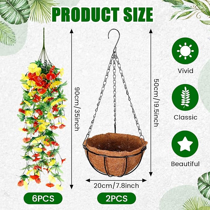 Hotop 2 Set Artificial Hanging Flower Basket and 6 Pcs Bougainvillea Silk Vine Flower for Outdoor Indoor UV Resistant Faux Hanging Plant Coconut Lining Planter Pot (Yellow,Orange)