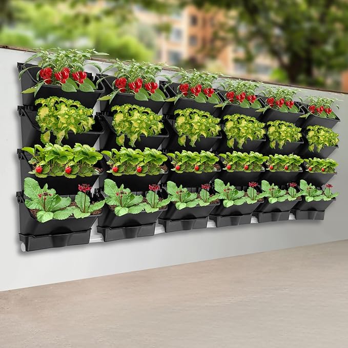 Wall-Mounted Vertical Garden Planter Set – 24 Self-Watering Planters with Drainage Pipe, Stackable Wall Planters for Indoor & Outdoor Use (Black, 24PCS)