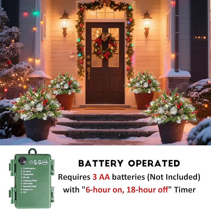 Outdoor Urn Filler, Set of 2 Lighted Outdoor Christmas Tree, Battery Operated Christmas Porch Decorations for Driveway, Yard, Garden, Flower Beds