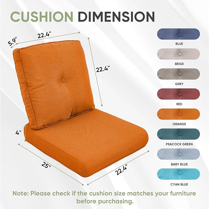 Outdoor Chair Cushion Set, 25 x 22 Deep Seat Cushion, Patio Chair Cushions for Outdoor, Include 1 Seat Cushion and 1 Back Cushion, Orange