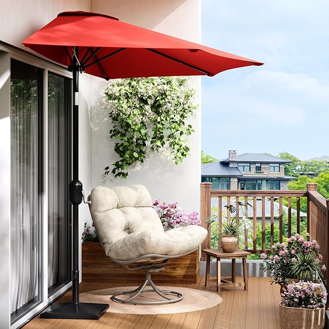 Garvee Patio Umbrella 9FT - Half Umbrella Outdoor with Smooth Crank Lift, Outdoor Shade Canopy for Patio, Backyard, Garden, Deck, Balcony -Red