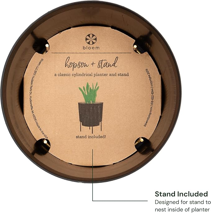 Bloem Hopson Decorative Resin Cachepot with Metal Stand, 10" Indoor and Outdoor Planter with Gold Metal Stand, Black