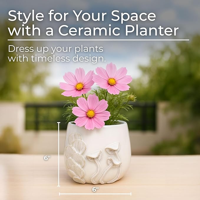 Ceramic Decorative Planter Pot – Modern Indoor Outdoor Plant Holder with Sculpted Mushroom Design and Built-In Drainage, Stylish Pot Stand for Living Room, Entryway or Patio Décor – 6", Ivory & Tan