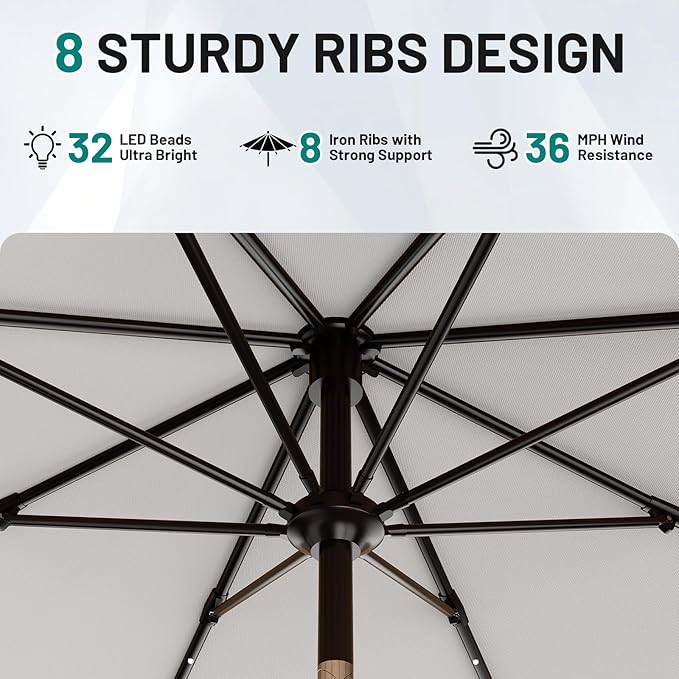 AreShark 9FT Patio Umbrella with Solar Lights, 32 LED Lighted Pool Umbrella w/Tilt and Crank, Outdoor Market Solar Umbrellas for Garden, Deck, Backyard, Pool and Beach, Light Gray