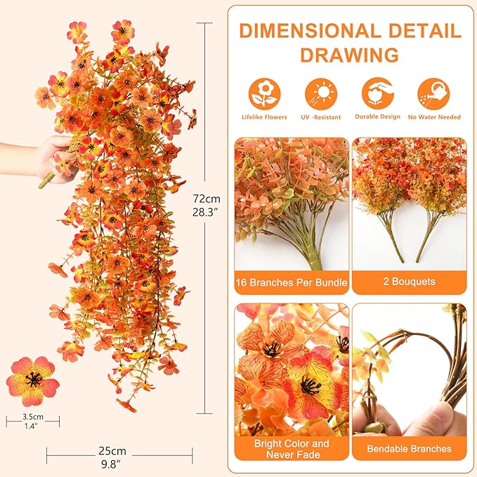 Artificial Fall Fake Flowers for Outdoor, 2 Pcs Fake Mums Faux Hanging Flowers Outdoor Fall Decor, UV Resistant Silk Flower for Front Door Porch Planters Patio Yard Garden(Orange Sunset Red)