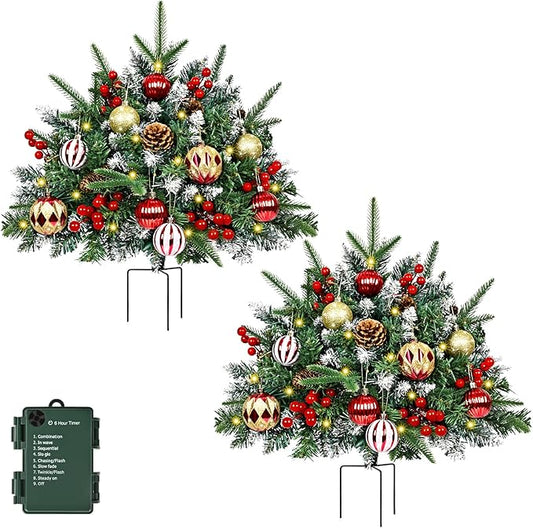 2 Pack Christmas Urn Filler, 24" Prelit Planter Bushes Outdoor Christmas Tree with 50 LED Lights, Pine Cones, Red Berries & Christmas Balls for Front Porch Pathway Yard Decorations