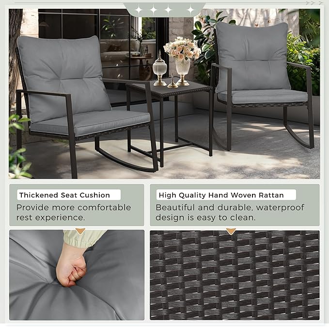 SUNCROWN 3 Piece Outdoor Rocking Bistro Set Black Wicker Furniture Porch Chairs Conversation Sets with Glass Coffee Table, Dark Grey