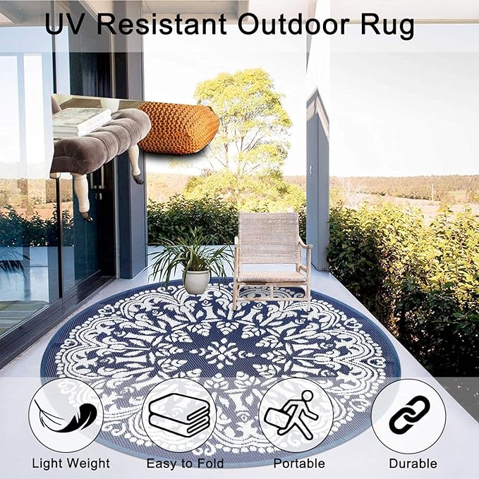 Homcomoda Round Outdoor Rugs for Patio 5Ft Waterproof Patio Rugs Clearance Plastic Lightweight RV Camping Mat Circle Outdoor Area Rug for Porch Camper Deck Beach Balcony Backyard