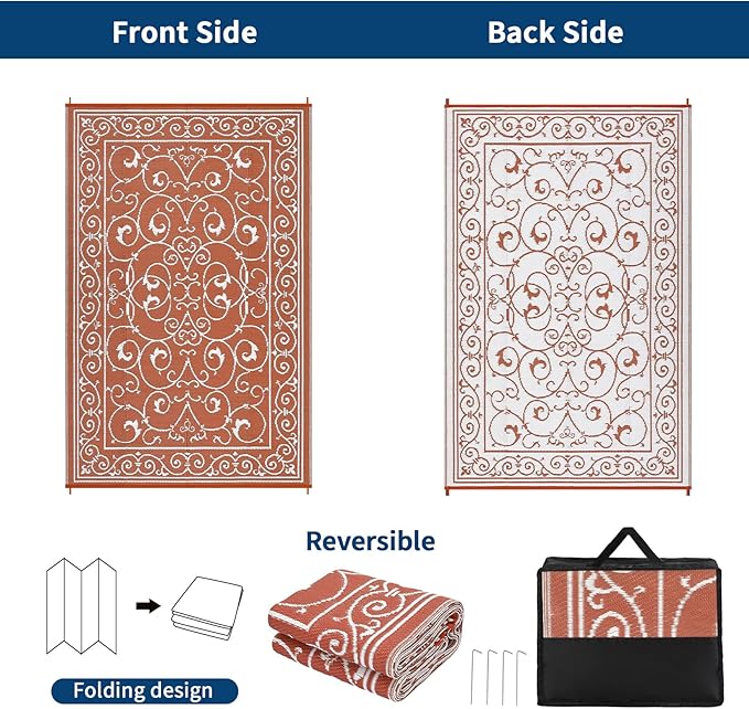 MilleLoomi 9x12 Outdoor Rug Waterproof Foldable Plastic Straw Carpet for Patio Porch Vintage Reversible Mat Lightweight Floor Mat for Picnic, Backyard, Rv, Beach, Deck, Camper, Balcony，Orange