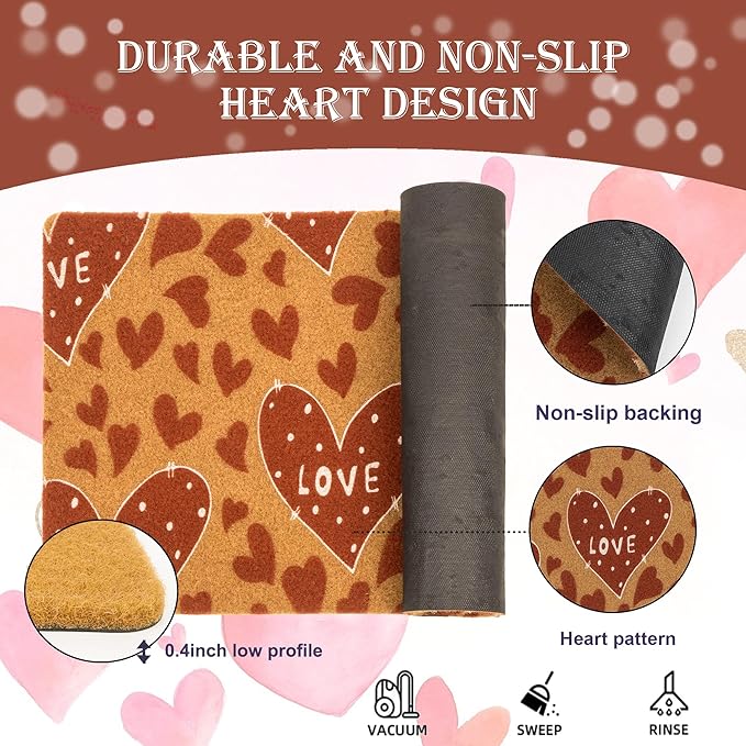 Valentines Welcome Mats for Front Door, Indoor, Outdoor Entrance, Red Love Decor Seasonal Anniversary Wedding Faux-Coir Porch Thin Doormat, Non-Slip Heart-Rug 17"x30" Low-Profile Dirt-Trapping Mat