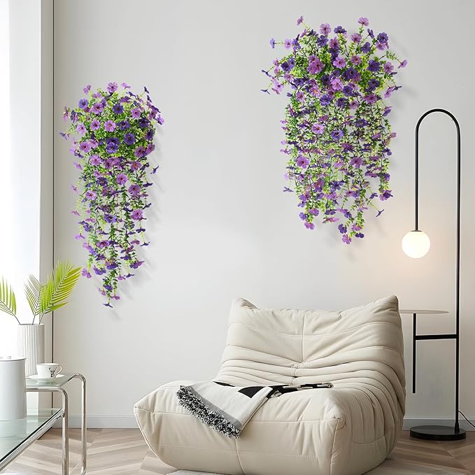 Artificial Hanging Flowers Plants for Outdoor Spring Summer Decoration, 2PCS Faux Silk Daisy UV Resistant Look Real for Outside Home Indoor Planter Porch Garden Yard Decor(Dark Orchid)
