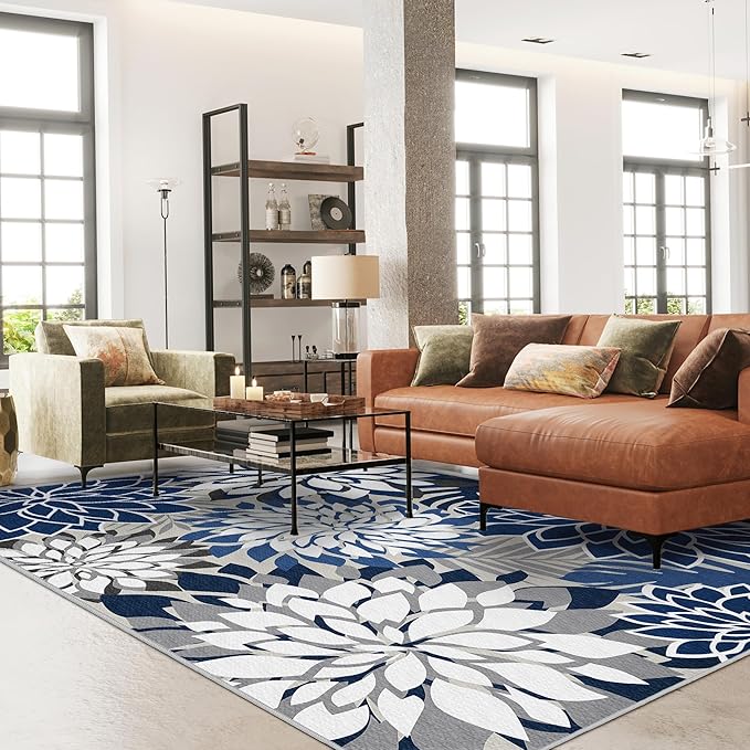 Colorful 6x9 Outdoor Area Rug Washable Multicolored Patio Rug Tropical Botanical Floral Chenille Waterproof Outdoor Carpet Non-Slip for Patio, Deck, Backyard, Porch, Blue