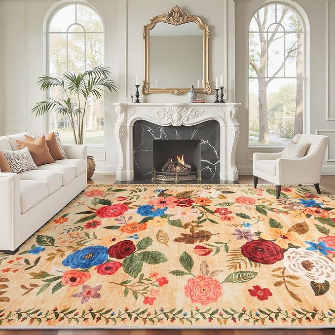 Area Rugs 9x12 Living Room Washable Rug Non Slip Floral Low Pile Large Rug for Living Room, Bedroom, Farmhouse, Dining Room, Kids Playroom(9 x 12, Yellow Lawn)