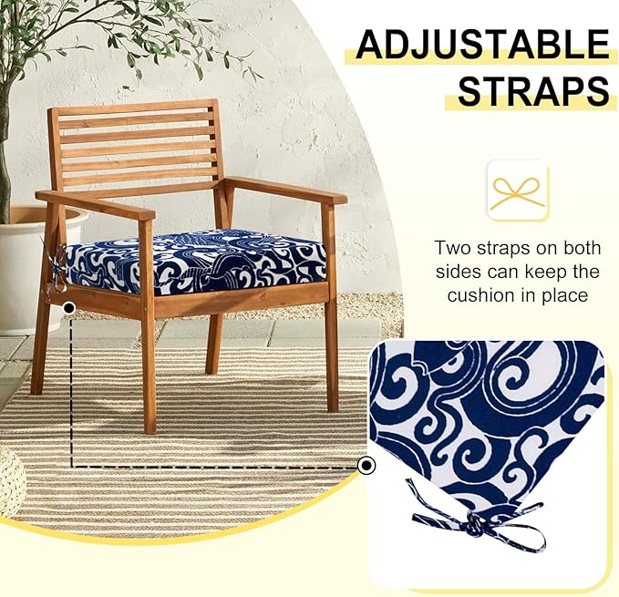 downluxe Outdoor Chair Cushions Set of 2 for Patio Furniture, Water-Resistant Square Corner Patio Chair Cushions with Ties, High Density Foam Outdoor Seat Cushion, 18.5" X 16" X 3", Blue Carp