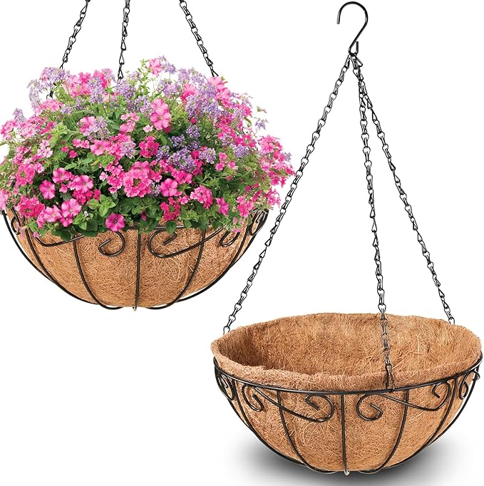 Legigo 2 Pack 14 Inch Hanging Baskets Planters for Outdoor Plants- Metal Round Hanging Baskets with Coconut Coir Liner, Wire Hanging Flower Pots for Outside Garden Porch Decorations