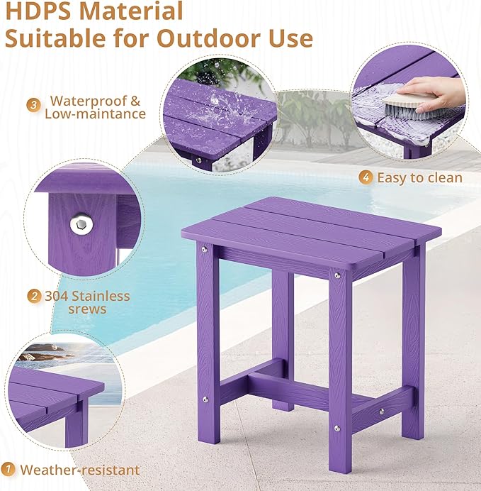 LUE BONA Outdoor Side Table, HDPS Small Outdoor Table, Adirondack Side Table, Outside End Table for Patio, Porch, Deck, Pool, Weather Resistant/Easy Maintenance/Indoor or Outside Use, Purple