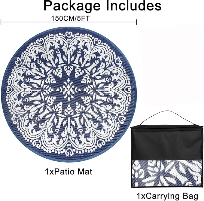 Homcomoda Round Outdoor Rugs for Patio 5Ft Waterproof Patio Rugs Clearance Plastic Lightweight RV Camping Mat Circle Outdoor Area Rug for Porch Camper Deck Beach Balcony Backyard
