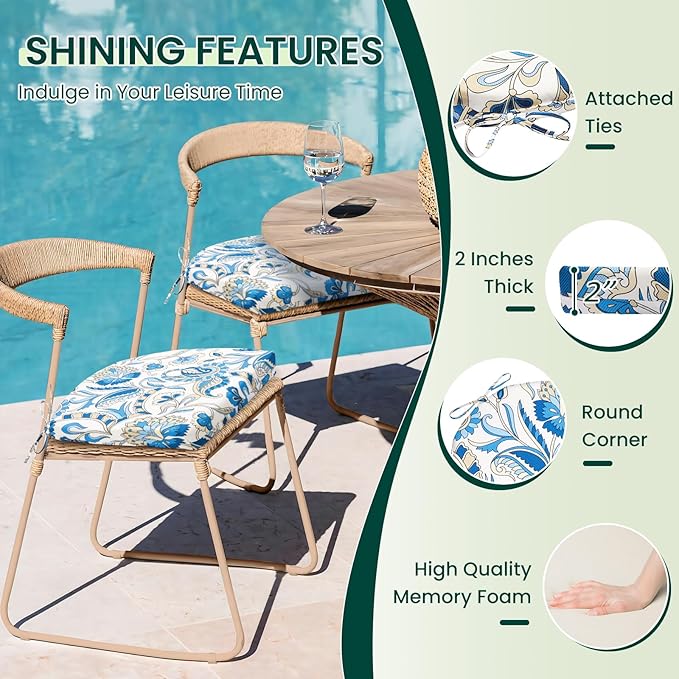 HARBOREST Outdoor Chair Cushions Set of 4, Water Resistant Patio Chair Cushions with Ties, Outdoor Seat Cushions for Patio Furniture, 17"x16"x2", Blue Butterfly