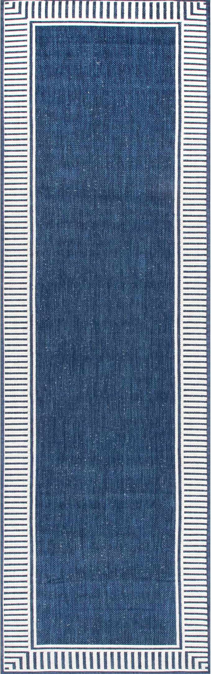 Nuloom Asha Navy/Ivory, 2' x 10', Casual, Striped Border, Soft and Cozy, High Traffic, Stain Resistant, Easy Clean, Durable Runner for Indoor/Outdoor Patio, Deck, Porch, Garden, Courtyard