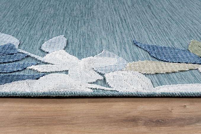 Outdoor Rug 6x9 Washable Area Rugs Indoor Outdoor Carpets Aqua Border Floral Non Shedding Waterproof Easy Clean Patio Deck Porch Living Room Bedroom Garden RV (6 X 9 Aqua)