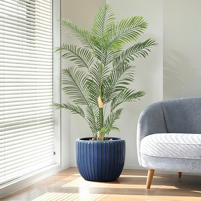 LuxenHome 11" Dia Ceramic Pots for Indoor Plants, Outdoor Large Planters with Drainage Holes and Rubber Plug, Modern Decorative Glazed Flower Pots, Blue Ribbed Round Planters for Home Garden Patio
