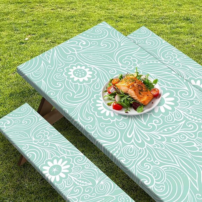 Picnic Table Cover with Bench Covers Elastic Edges, Boho Camper Fitted Table Cover, Outdoor Patio Camping Essentials 72 Inch 3PCS, Waterproof Camping Fitted Tablecloth with Drawstring Bag