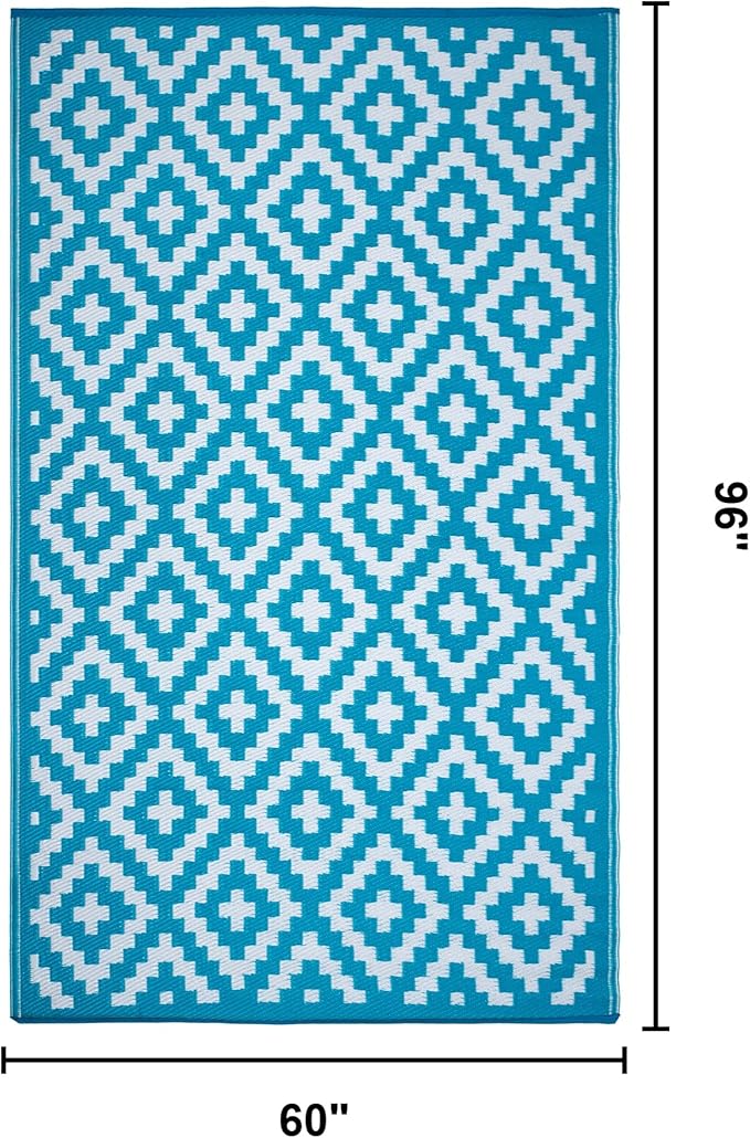 FH Home Outdoor Rug - Waterproof, Fade Resistant, Reversible - Premium Recycled Plastic - Geometric - Patio, Porch, Deck, Balcony - Aztec - Teal & White Crease Free - 5 x 8 ft