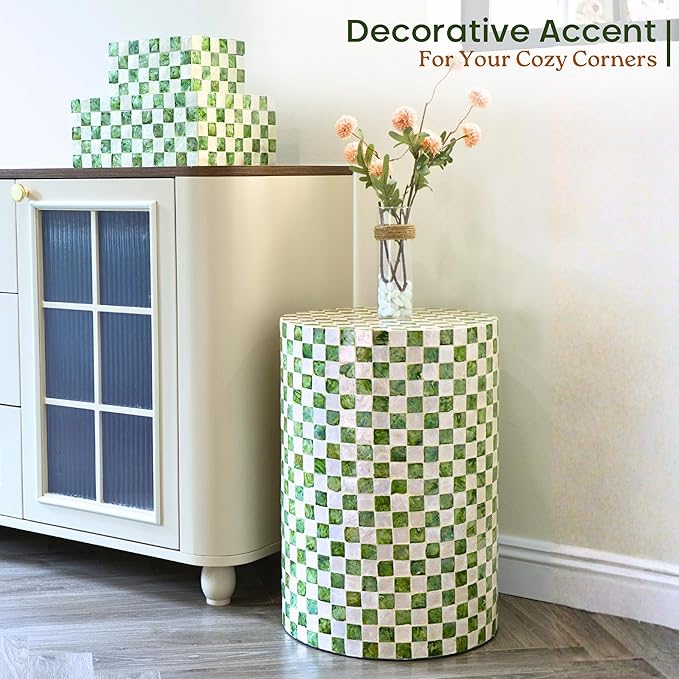 19.7” Checkered Capiz Shells Drum End Table, Decorative Cylinder Side Table & Garden Stool, Round Pedestal Accent Table for Living Room, Bedroom, Indoor & Outdoor (Pistachio Green)