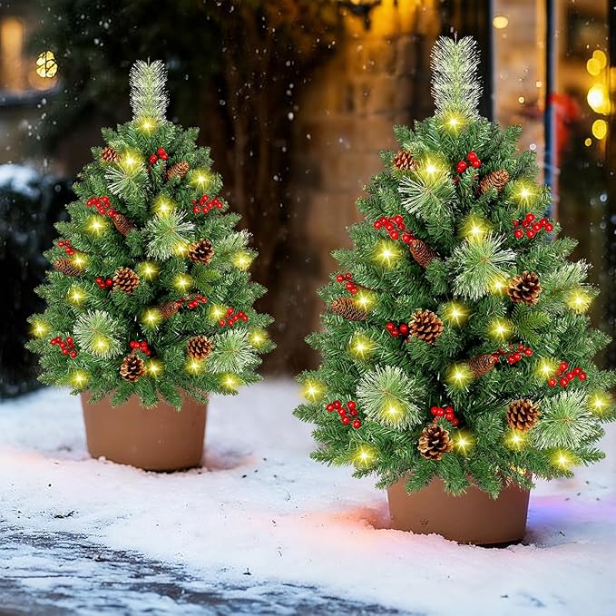 [2 Pack & Timer] 33 Inch Christmas Tree Urn Fillers with 50 Warm & Colorful Change Lights Pinecones Red Berries Tripod Stake Battery Operated 8 Mode for Porch Outdoor Xmas Trees Christmas Decorations
