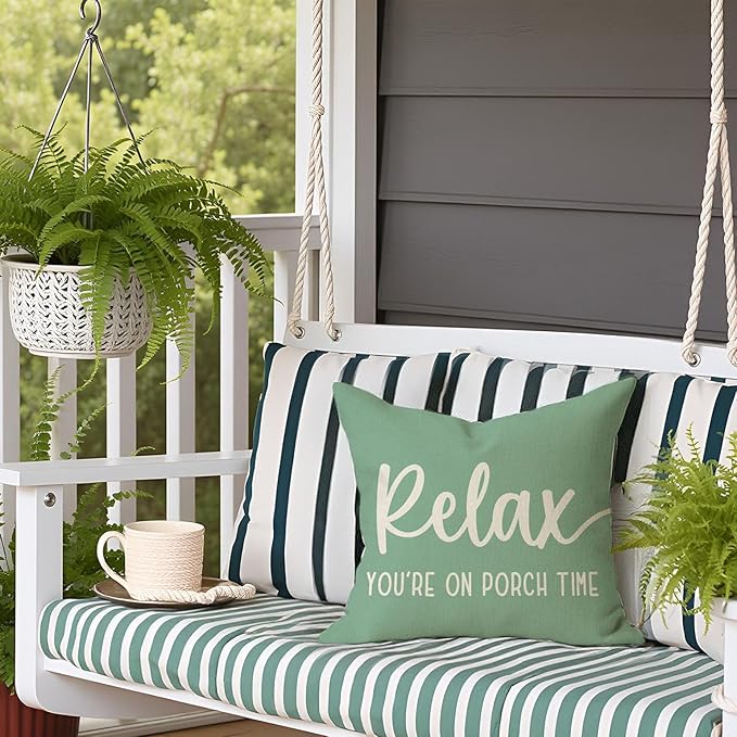 PANDICORN Eucalyptus Green Outdoor Decorative Throw Pillow Covers 18x18 Inch Relax Porch Time Rustic Farmhouse Throw Pillow Cases Decorations for Patio Sofa Couch Decor