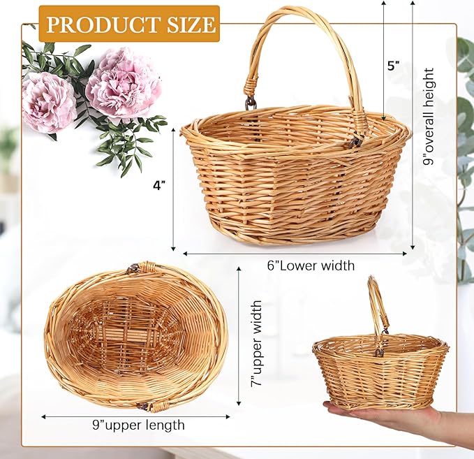 Barydat 6 Pcs Small Wicker Picnic Basket with Handle Flower Girl Baskets Oval Willow Woven Braided Gift Basket for Easter Weddings Baby Shower Home Garden Decor (Khaki,9" x 7" x 4")