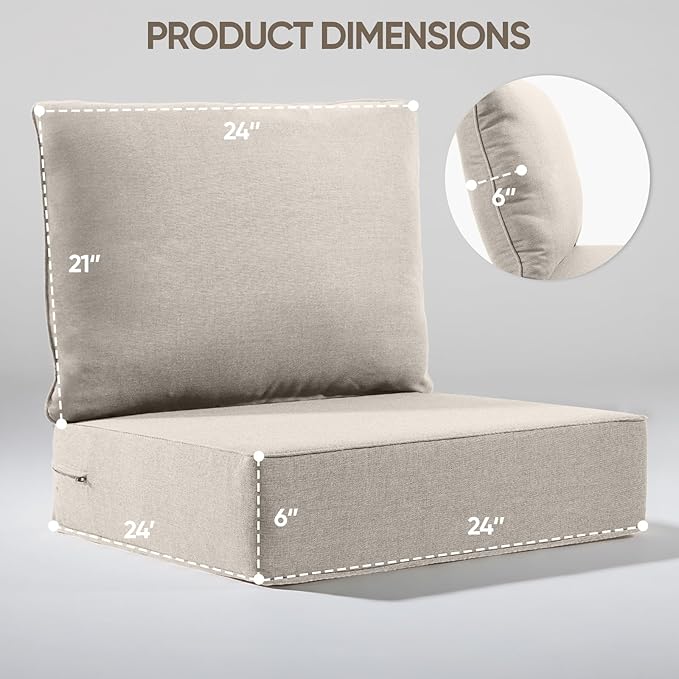 6" Thick Outdoor Cushion, 24*24*6" Patio Furniture Cushions with Waterproof Patio Furniture Cushions with Removable Cover, 28D High Density Patio Cushion for Outdoor Furniture, Beige-8pcs