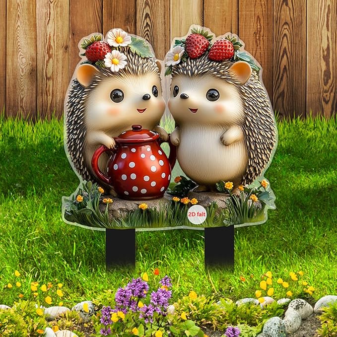 Cute Hedgehogs Garden Stake Decor, Stained Acrylic 2D Flat Animal Sign, Small Animal Ornament Indoor Outdoor Yard Lawn Pot Plant Decorative Accessories
